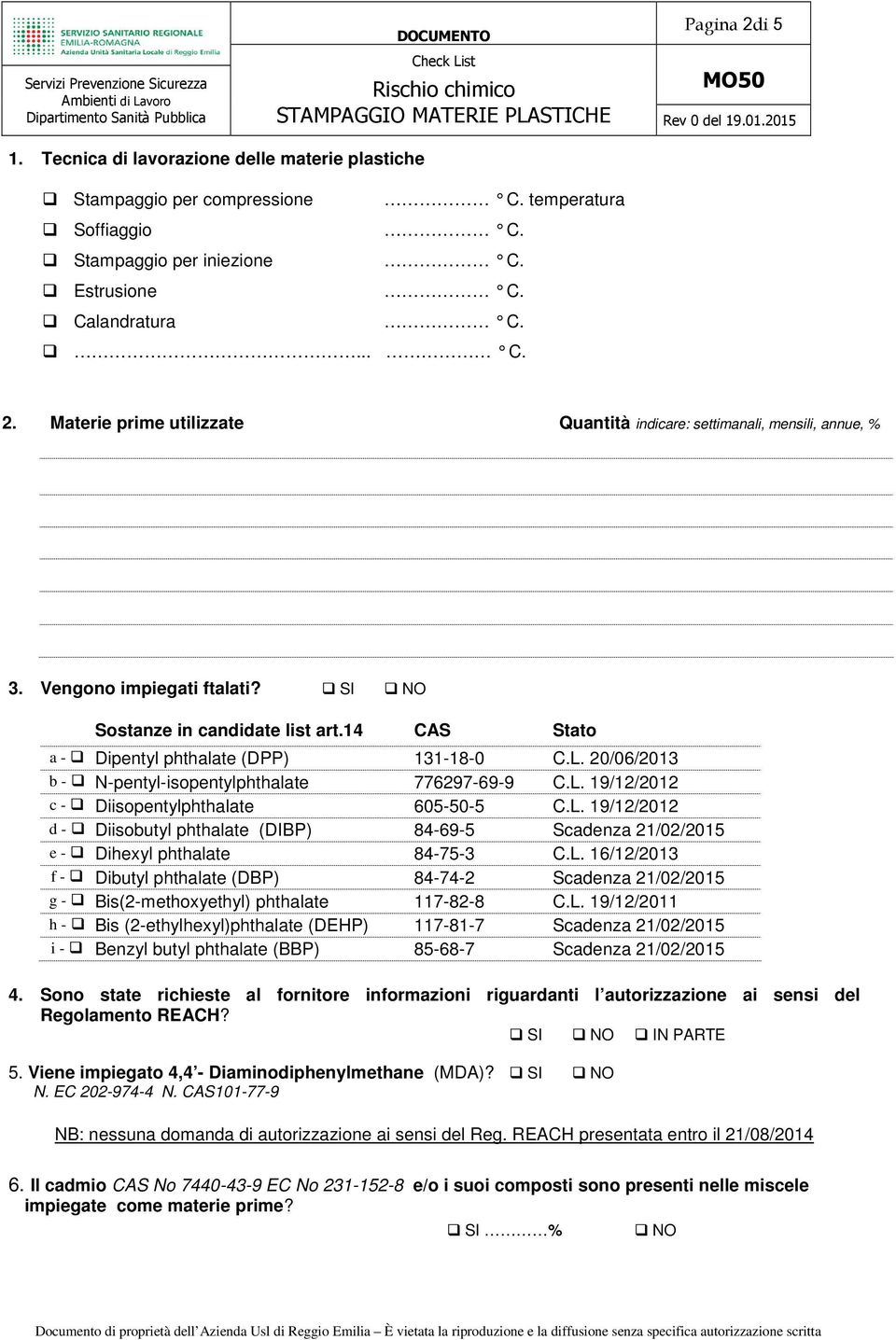 L. 19/12/2012 d - Diisobutyl phthalate (DIBP) 84-69-5 Scadenza 21/02/2015 e - Dihexyl phthalate 84-75-3 C.L. 16/12/2013 f - Dibutyl phthalate (DBP) 84-74-2 Scadenza 21/02/2015 g - Bis(2-methoxyethyl) phthalate 117-82-8 C.