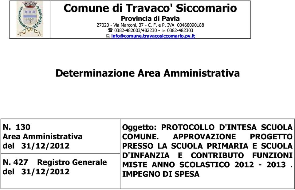 it Determinazione Area Amministrativa N. 130 Area Amministrativa del 31/12/2012 N.