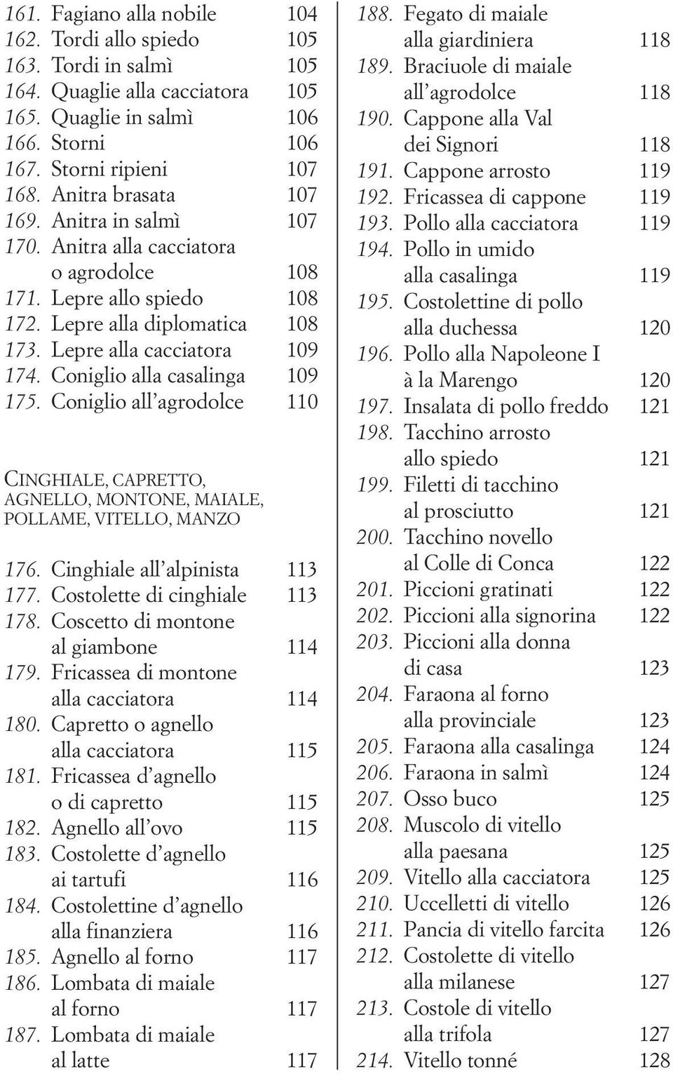 Coniglio alla casalinga 109 175. Coniglio all agrodolce 110 CINGHIALE, CAPRETTO, AGNELLO, MONTONE, MAIALE, POLLAME, VITELLO, MANZO 176. Cinghiale all alpinista 113 177.