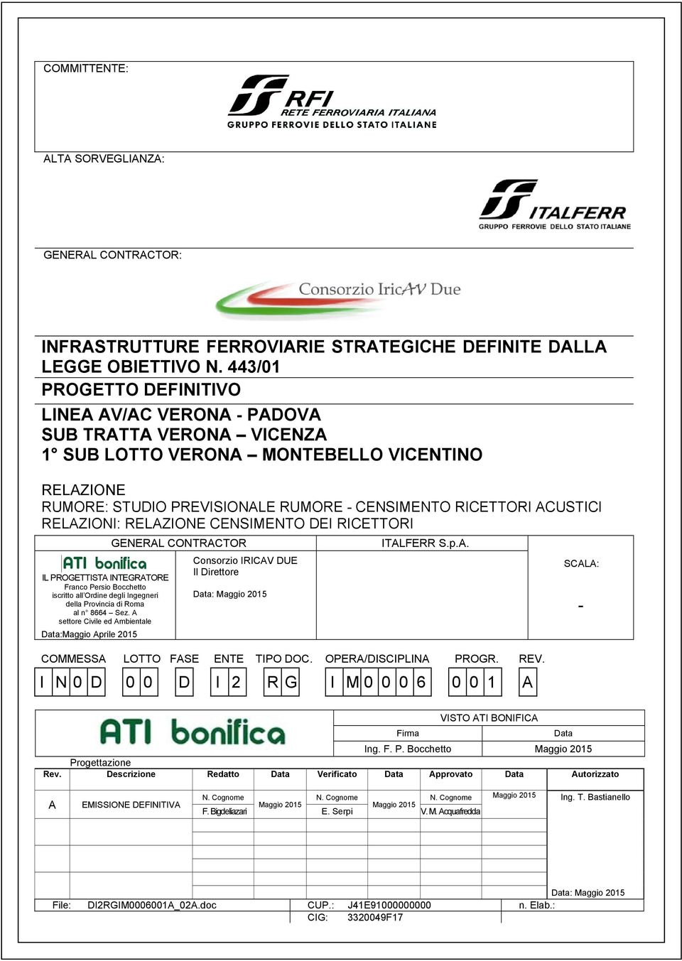 RELAZIONI: RELAZIONE CENSIMENTO DEI RICETTORI IL PROGETTISTA INTEGRATORE Franco Persio Bocchetto iscritto all Ordine degli Ingegneri della Provincia di Roma al n 8664 Sez.