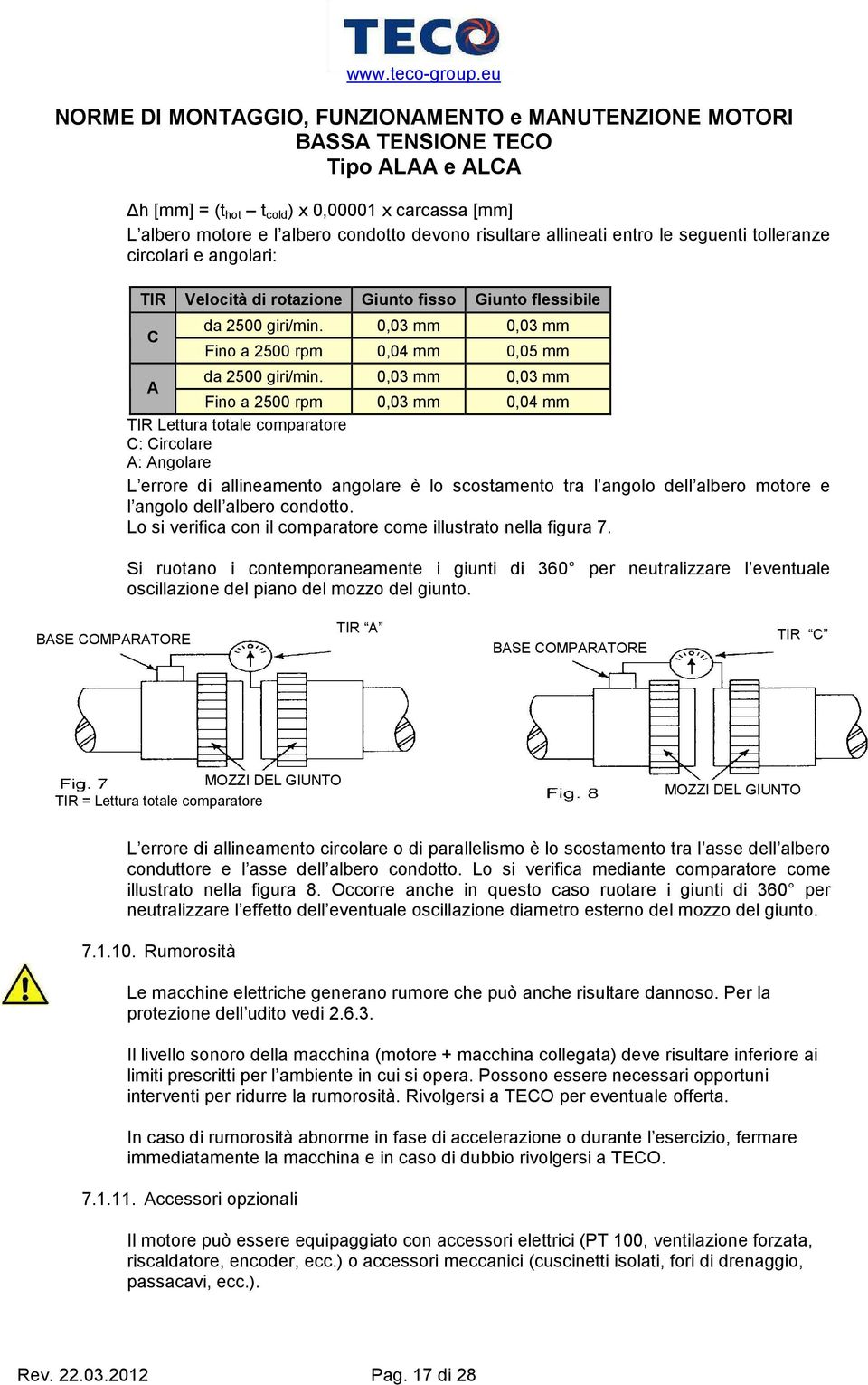 0,03 mm 0,03 mm A Fino a 2500 rpm 0,03 mm 0,04 mm TIR Lettura totale comparatore C: Circolare A: Angolare L errore di allineamento angolare è lo scostamento tra l angolo dell albero motore e l angolo