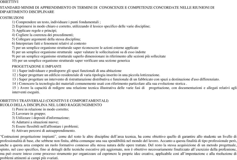 argomenti della stessa disciplina; 6) Interpretare fatti e fenomeni relativi al contesto 7) per un semplice organismo strutturale saper riconoscere le azioni esterne applicate 8) per un semplice