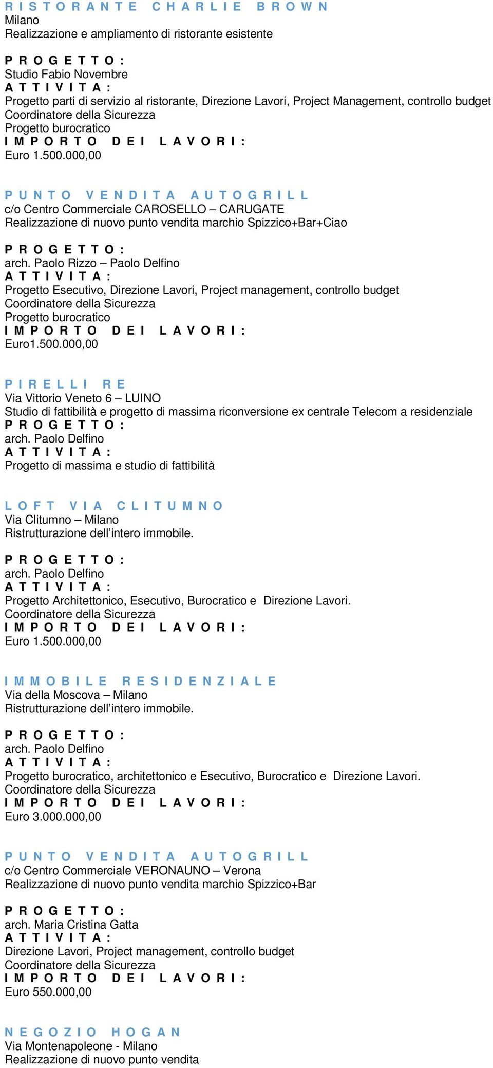 Paolo Rizzo Paolo Delfino Progetto Esecutivo, Direzione Lavori, Project management, controllo budget Progetto burocratico Euro1.500.