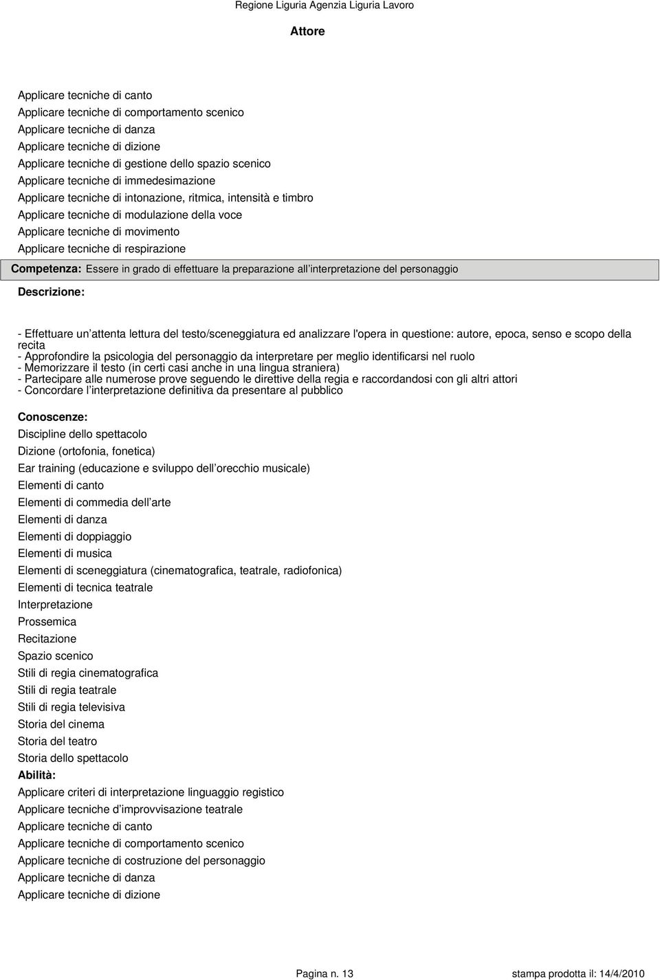 respirazione Competenza: Essere in grado di effettuare la preparazione all interpretazione del personaggio - Effettuare un attenta lettura del testo/sceneggiatura ed analizzare l'opera in questione: