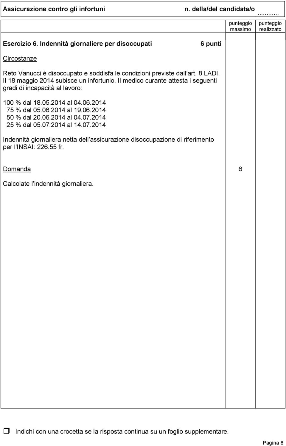 Il 18 maggio 2014 subisce un infortunio. Il medico curante attesta i seguenti gradi di incapacità al lavoro: 100 % dal 18.05.2014 al 04.