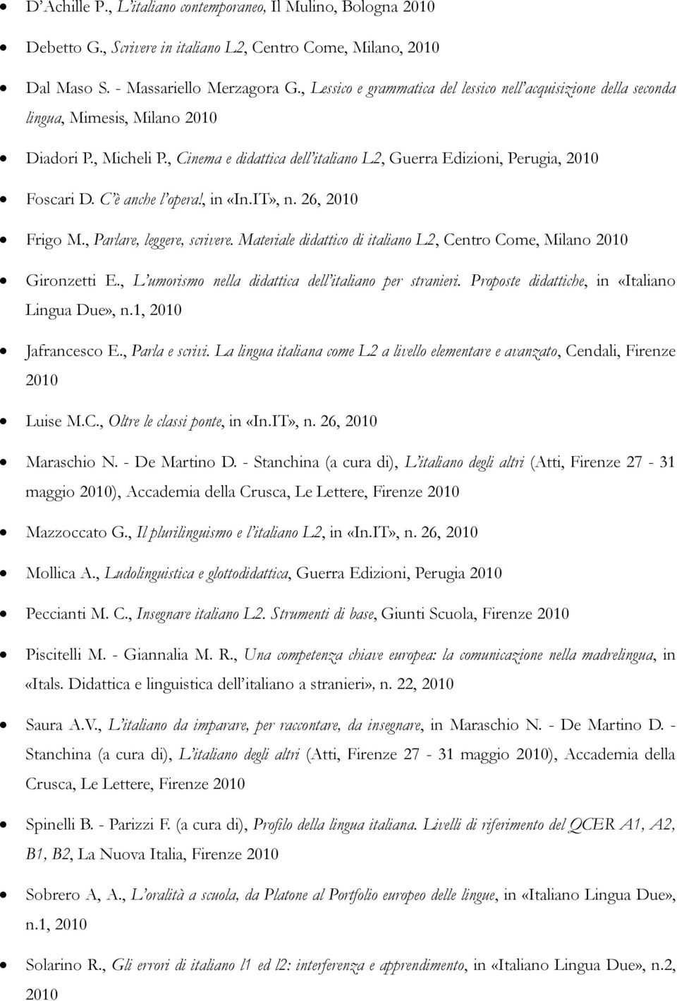 C è anche l opera!, in «In.IT», n. 26, 2010 Frigo M., Parlare, leggere, scrivere. Materiale didattico di italiano L2, Centro Come, Milano 2010 Gironzetti E.