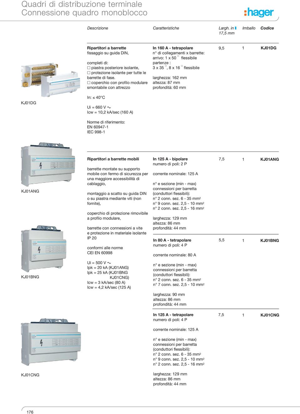 coperchio con profilo modulare smontabile con attrezzo In 160 A tetrapolare n di collegamenti x barrette: arrivo: 1 x 50 flessibile partenze : 3 x 35, 8 x 16 flessibile larghezza: 162 mm altezza: 87