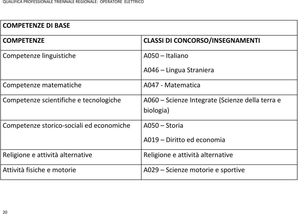 A047 - Matematica A060 Scienze Integrate (Scienze della terra e biologia) A050 Storia A019 Diritto ed economia