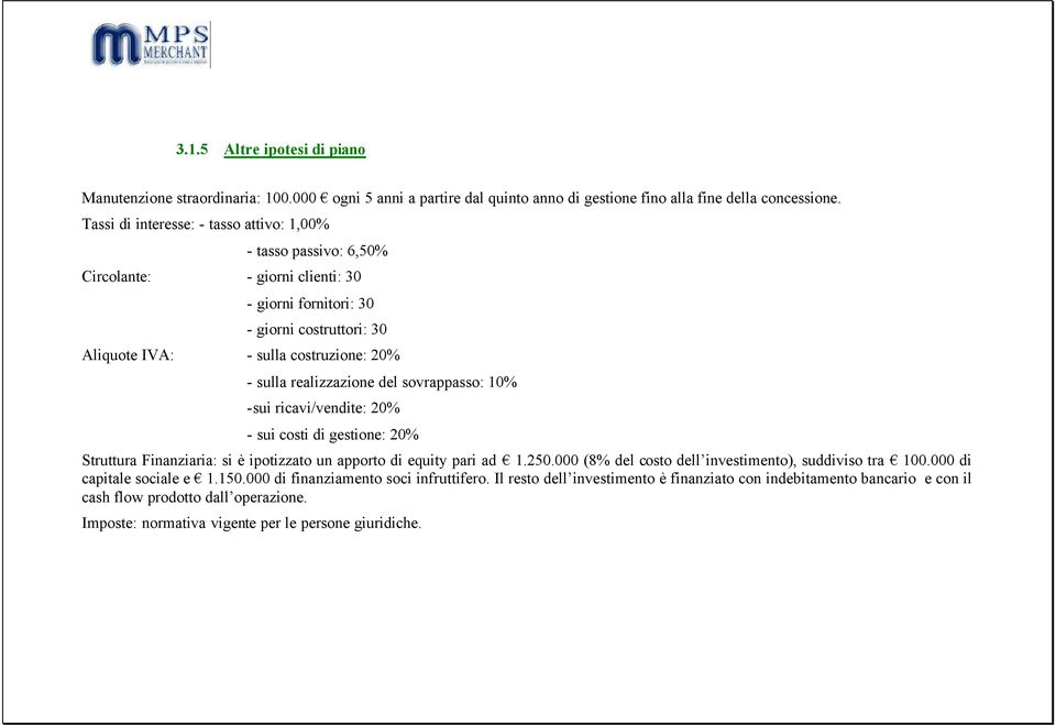 realizzazione del sovrappasso: 10% -sui ricavi/vendite: 20% - sui costi di gestione: 20% Struttura Finanziaria: si è ipotizzato un apporto di equity pari ad 1.250.