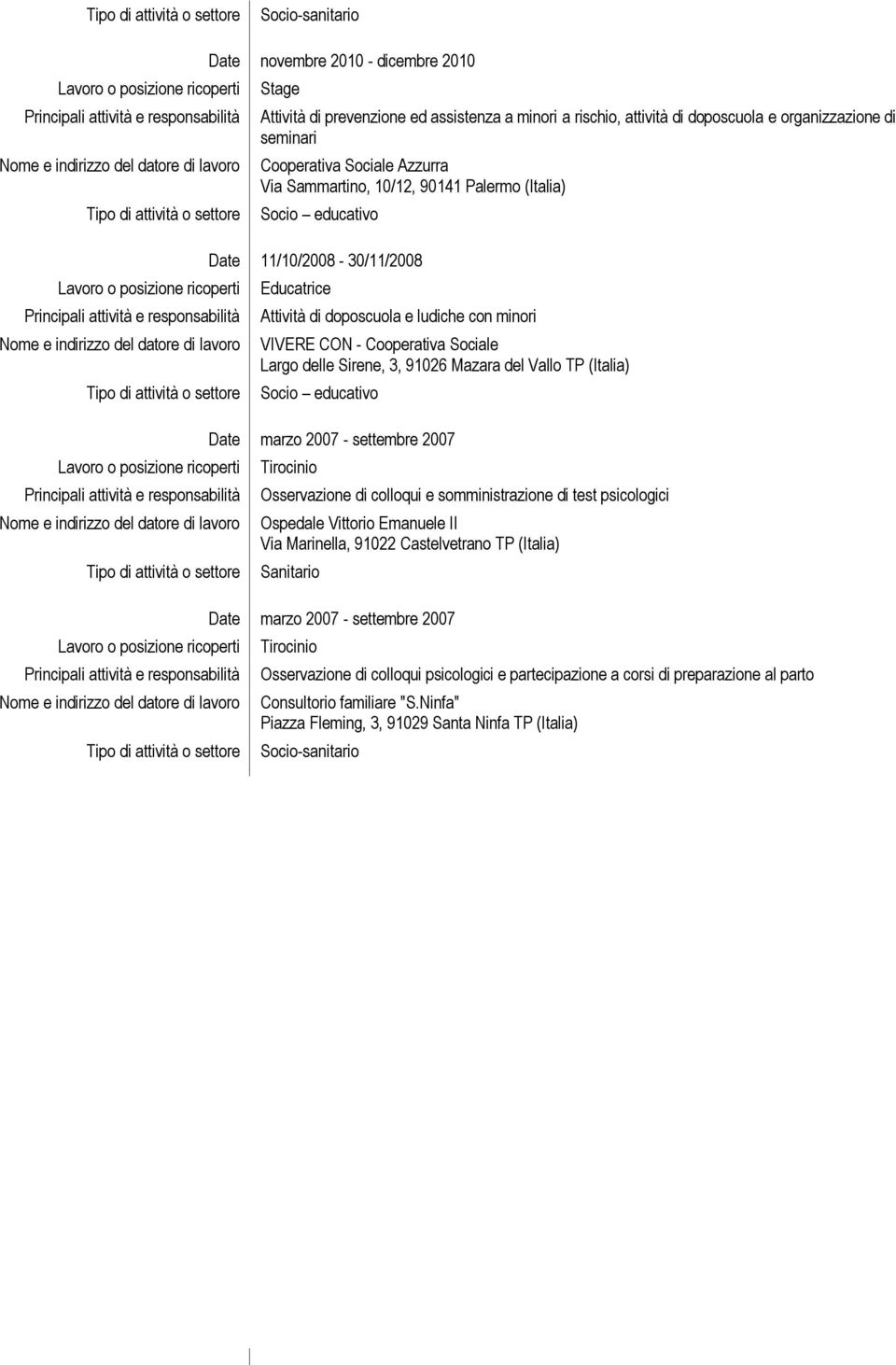 Mazara del Vallo TP (Italia) Socio educativo marzo 2007 - settembre 2007 Osservazione di colloqui e somministrazione di test psicologici Ospedale Vittorio Emanuele II Via Marinella, 91022