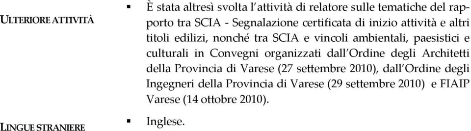 paesistici e culturali in Convegni organizzati dall Ordine degli Architetti della Provincia di Varese (27 settembre