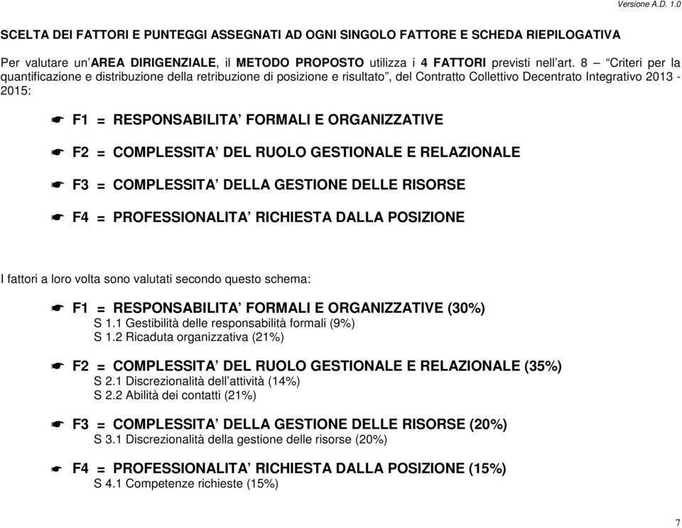 = COMPLESSITA DEL RUOLO GESTIONALE E RELAZIONALE F3 = COMPLESSITA DELLA GESTIONE DELLE RISORSE F4 = PROFESSIONALITA RICHIESTA DALLA POSIZIONE I fattori a loro volta sono valutati secondo questo