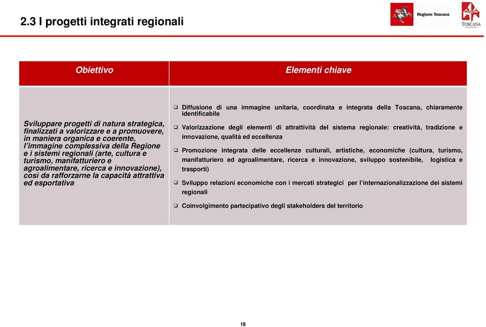immagine unitaria, coordinata e integrata della Toscana, chiaramente identificabile Valorizzazione degli elementi di attrattività del sistema regionale: creatività, tradizione e innovazione, qualità