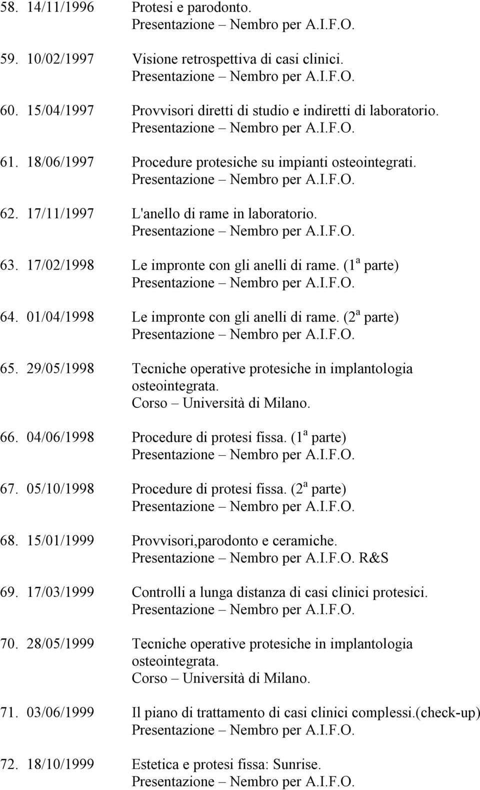 01/04/1998 Le impronte con gli anelli di rame. (2 a parte) 65. 29/05/1998 Tecniche operative protesiche in implantologia osteointegrata. Corso Università di Milano. 66.