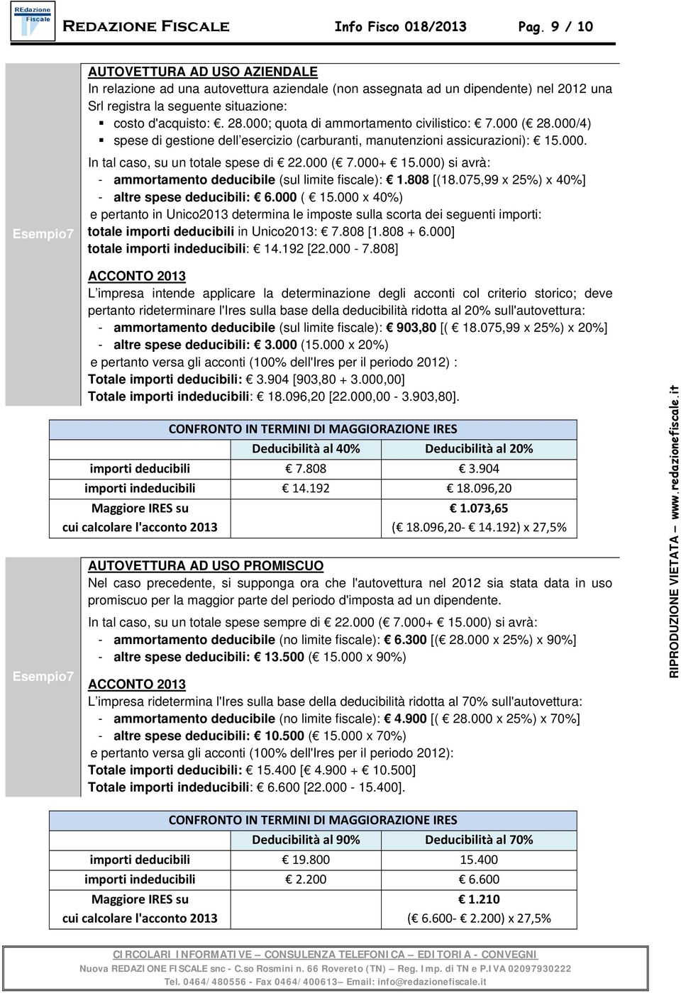 000; quota di ammortamento civilistico: 7.000 ( 28.000/4) spese di gestione dell esercizio (carburanti, manutenzioni assicurazioni): 15.000. Esempio7 In tal caso, su un totale spese di 22.000 ( 7.