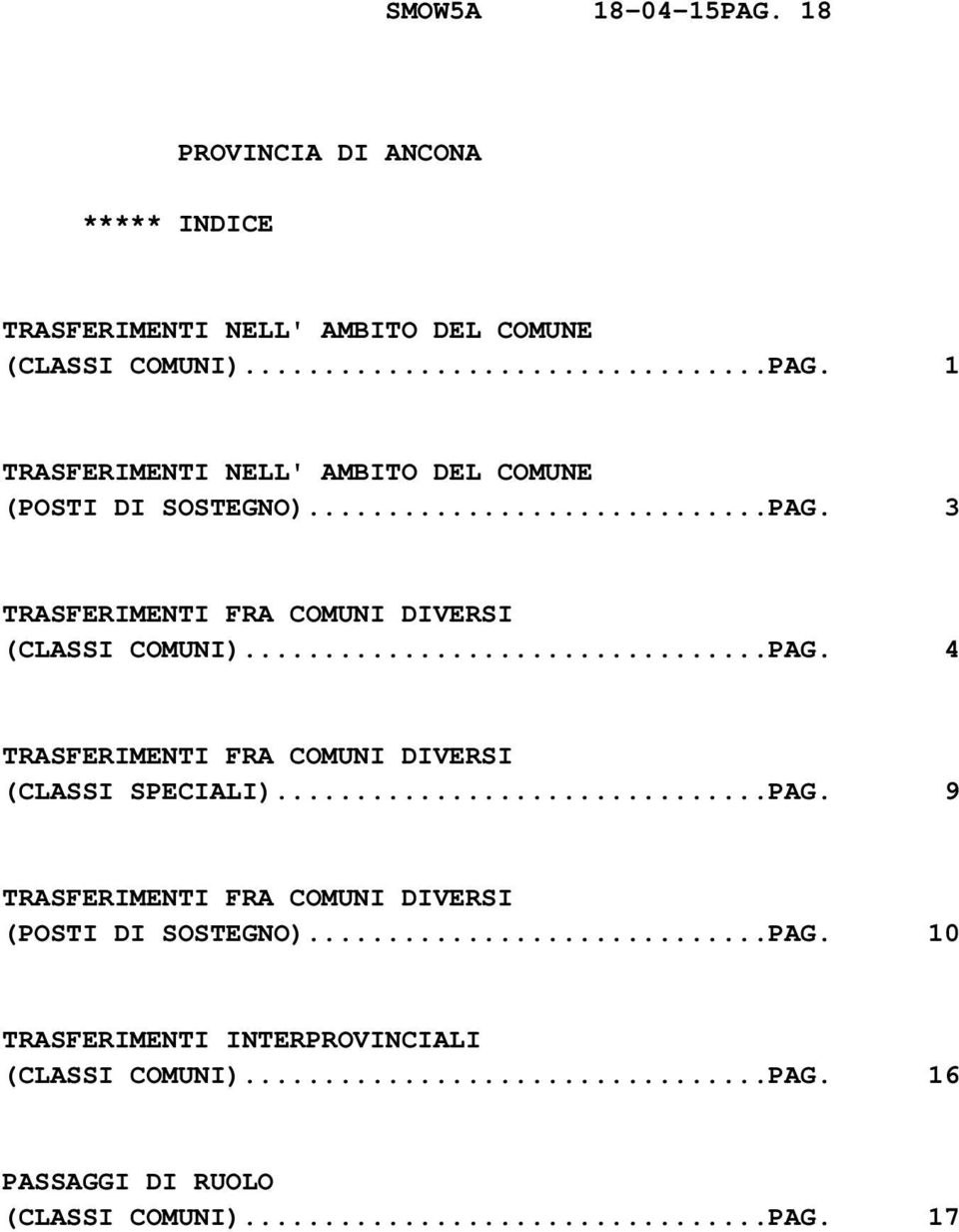 ..PAG. 9 TRASFERIMENTI FRA COMUNI DIVERSI (POSTI DI SOSTEGNO)...PAG. 10 TRASFERIMENTI INTERPROVINCIALI (CLASSI COMUNI).