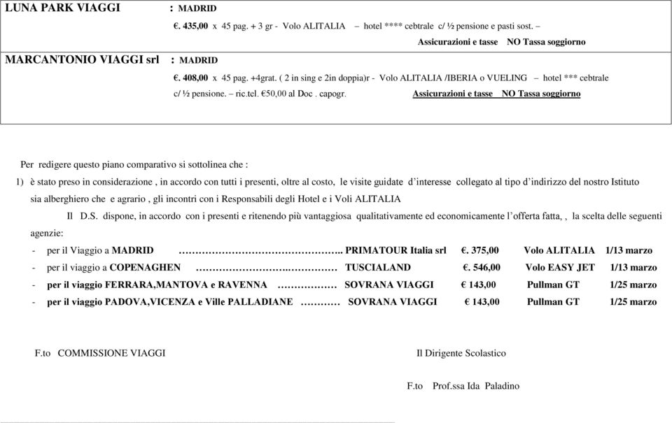 Per redigere questo piano comparativo si sottolinea che : 1) è stato preso in considerazione, in accordo con tutti i presenti, oltre al costo, le visite guidate d interesse collegato al tipo d