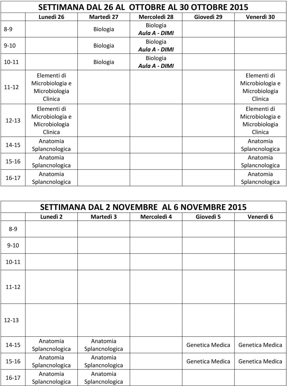 Aula A - DIMI SETTIMANA DAL 2 NOVEMBRE AL 6 NOVEMBRE 2015 Lunedì 2