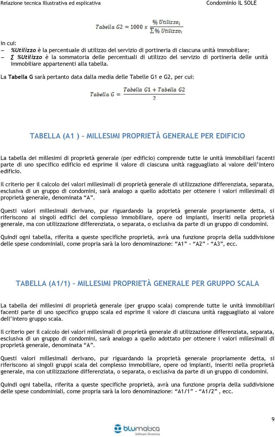 La Tabella G sarà pertanto data dalla media delle Tabelle G1 e G2, per cui: TABELLA (A1 ) MILLESIMI PROPRIETÀ GENERALE PER EDIFICIO La tabella dei millesimi di proprietà generale (per edificio)