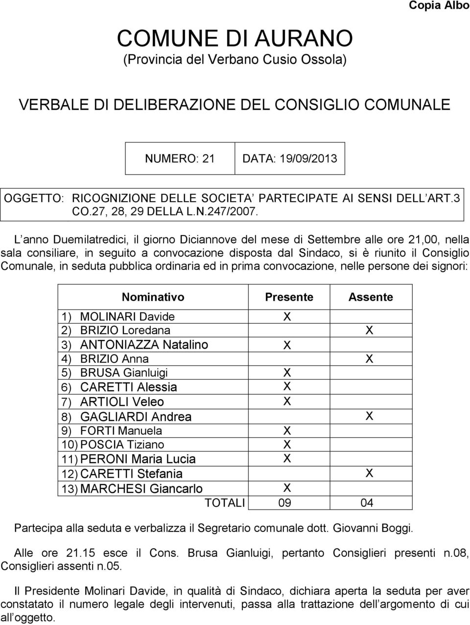 L anno Duemilatredici, il giorno Diciannove del mese di Settembre alle ore 21,00, nella sala consiliare, in seguito a convocazione disposta dal Sindaco, si è riunito il Consiglio Comunale, in seduta