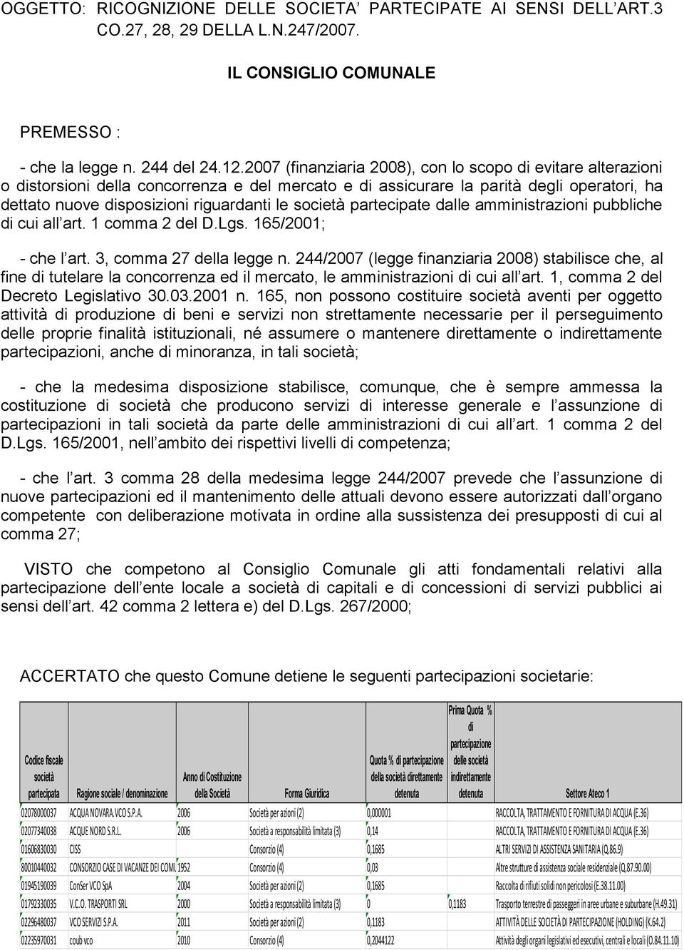 società partecipate dalle amministrazioni pubbliche di cui all art. 1 comma 2 del D.Lgs. 165/2001; - che l art. 3, comma 27 della legge n.