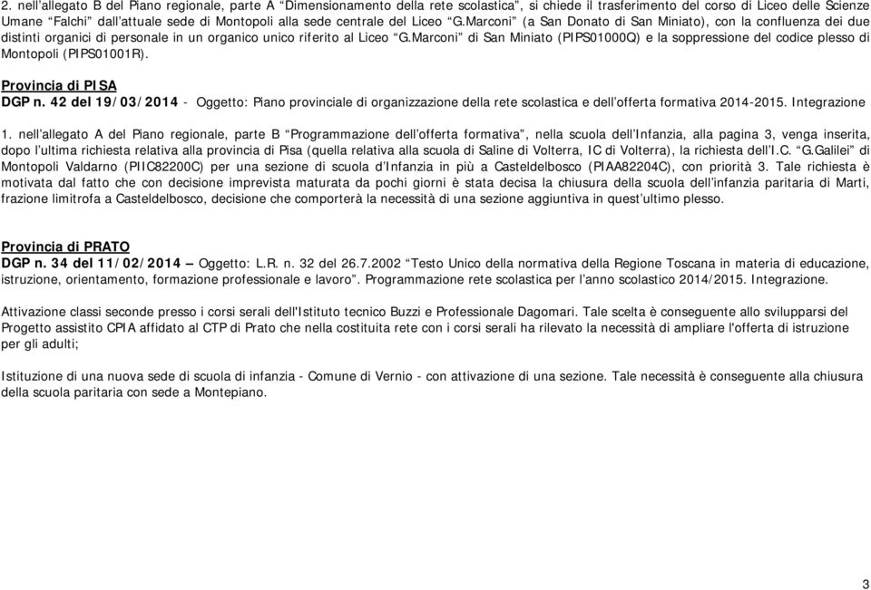 Marconi di San Miniato (PIPS01000Q) e la soppressione codice plesso di Montopoli (PIPS01001R). Provincia di PISA DGP n.