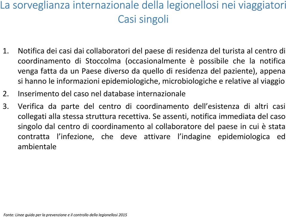 residenza del paziente), appena si hanno le informazioni epidemiologiche, microbiologiche e relative al viaggio 2. Inserimento del caso nel database internazionale 3.