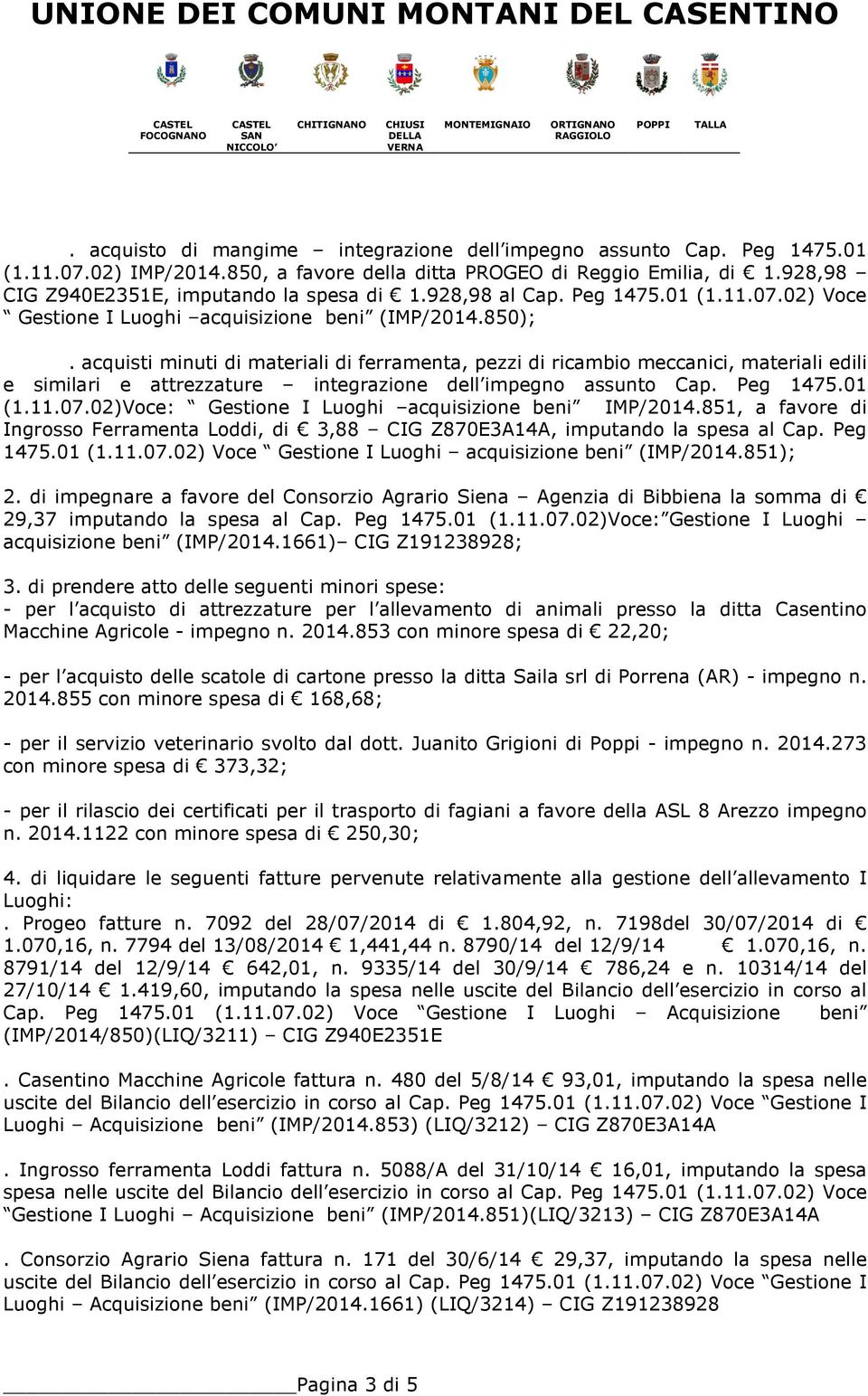 851, a favore di Ingrosso Ferramenta Loddi, di 3,88 CIG Z870E3A14A, imputando la spesa al Cap. Peg 1475.01 (1.11.07.02) Voce Gestione I Luoghi acquisizione beni (IMP/2014.851); 2.