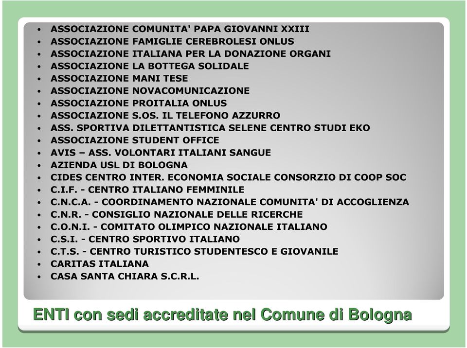VOLONTARI ITALIANI SANGUE AZIENDA USL DI BOLOGNA CIDES CENTRO INTER. ECONOMIA SOCIALE CONSORZIO DI COOP SOC C.I.F. - CENTRO ITALIANO FEMMINILE C.N.C.A. - COORDINAMENTO NAZIONALE COMUNITA' DI ACCOGLIENZA C.