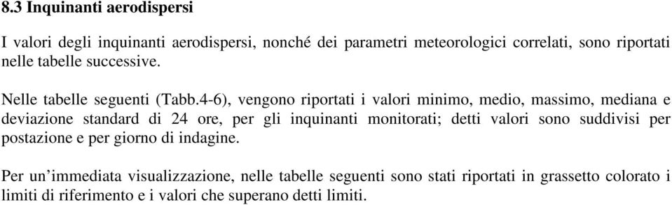 4-6), vengono riportati i valori minimo, medio, massimo, mediana e deviazione standard di 24 ore, per gli inquinanti monitorati; detti