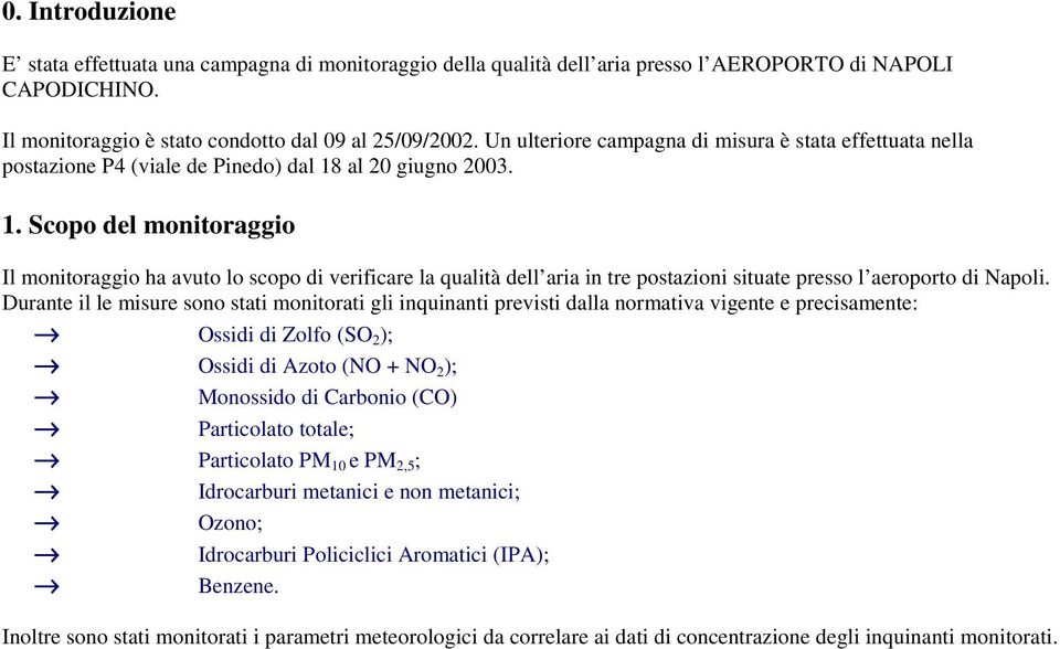 al 20 giugno 2003. 1. Scopo del monitoraggio Il monitoraggio ha avuto lo scopo di verificare la qualità dell aria in tre postazioni situate presso l aeroporto di Napoli.