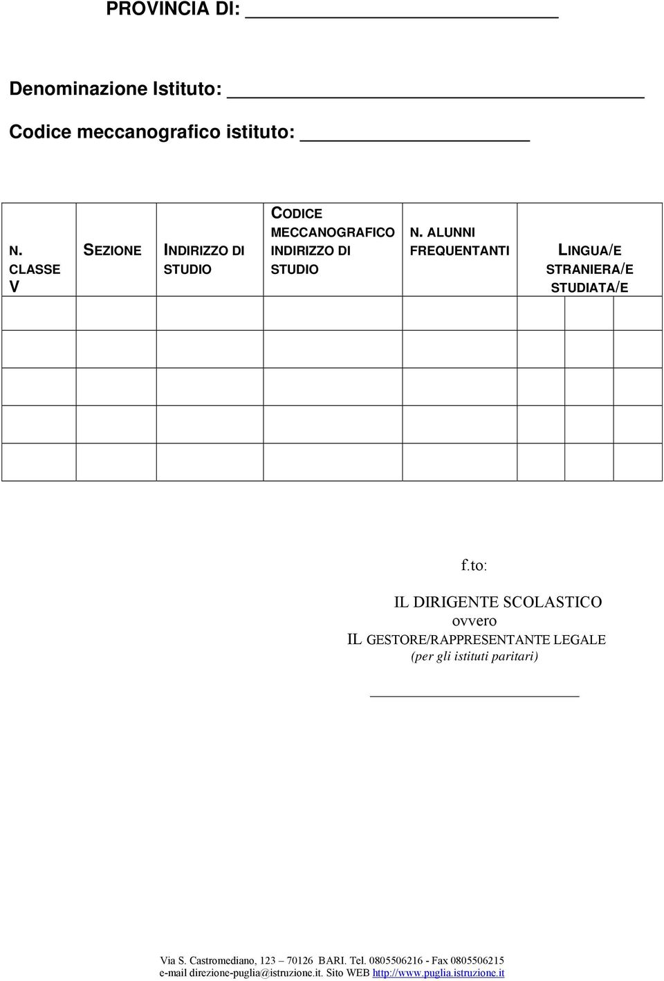 CLASSE V SEZIONE INDIRIZZO DI STUDIO MECCANOGRAFICO INDIRIZZO DI STUDIO N.