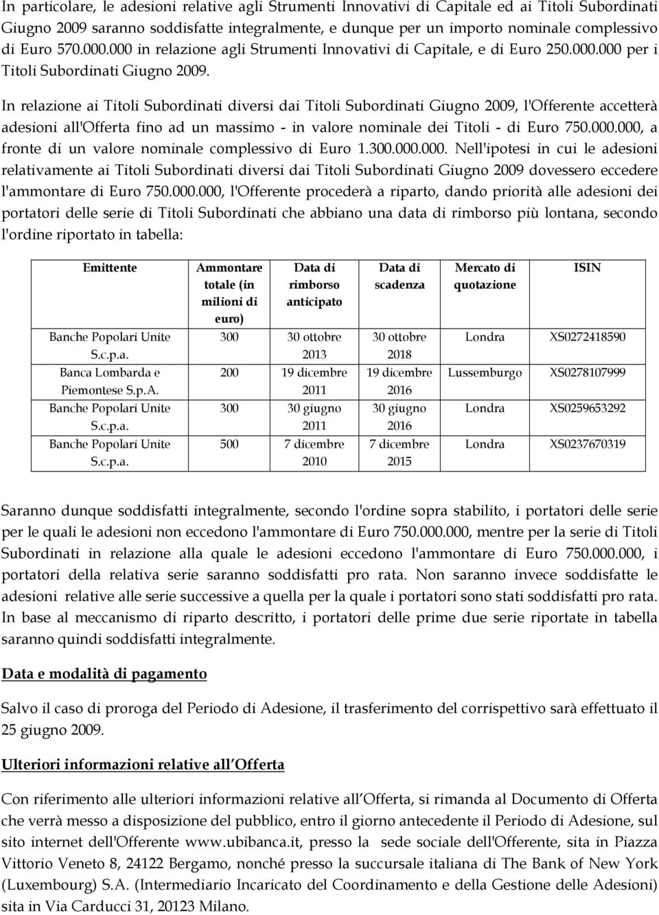 In relazione ai Titoli Subordinati diversi dai Titoli Subordinati Giugno 2009, l'offerente accetterà adesioni all'offerta fino ad un massimo - in valore nominale dei Titoli - di Euro 750.000.