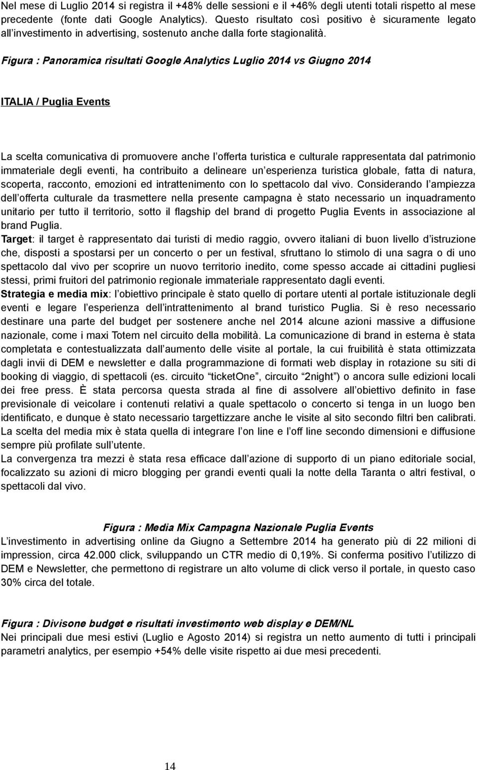 Figura : Panoramica risultati Google Analytics Luglio 2014 vs Giugno 2014 ITALIA / Puglia Events La scelta comunicativa di promuovere anche l offerta turistica e culturale rappresentata dal