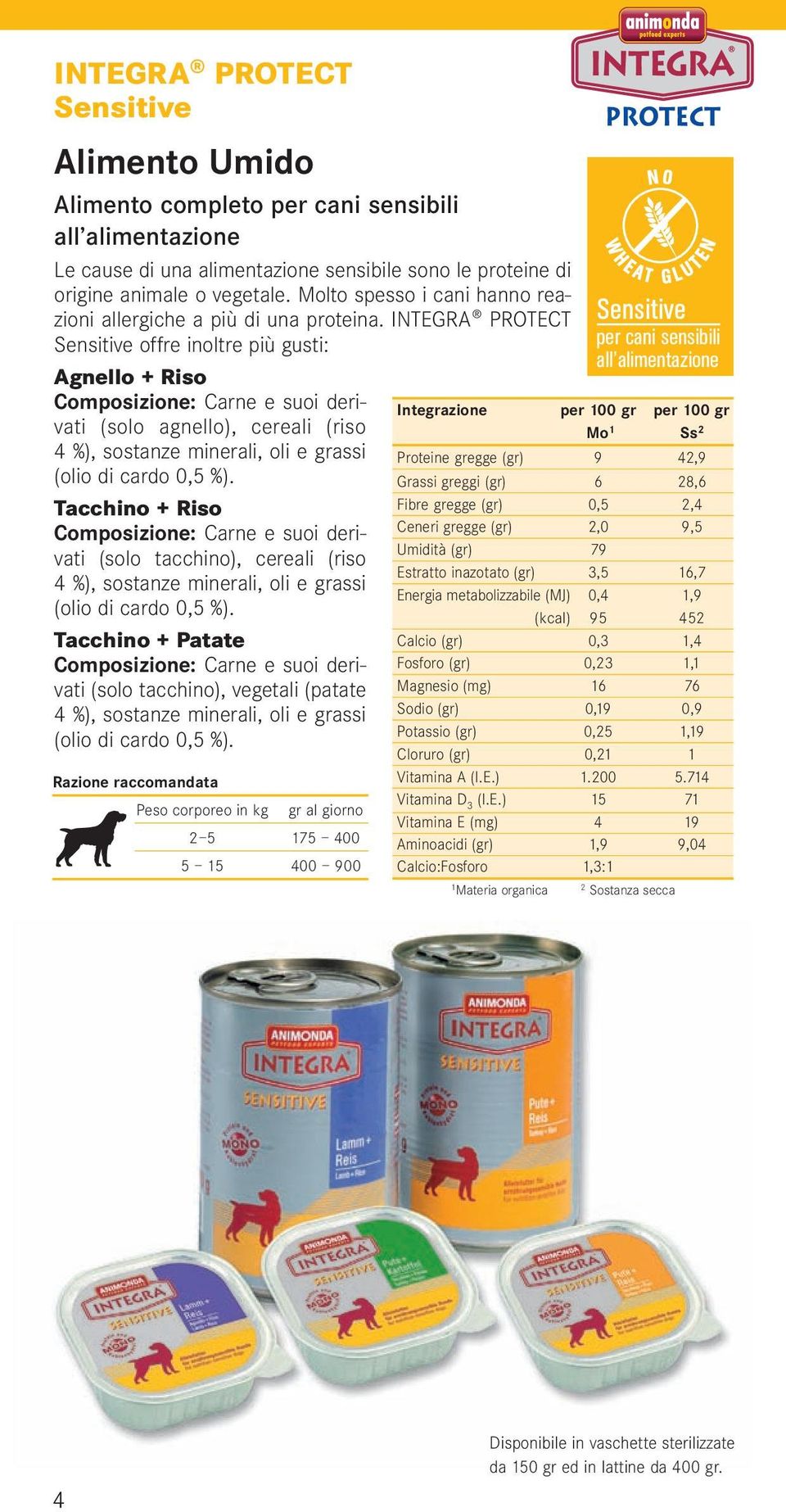 INTEGRA PROTECT Sensitive offre inoltre più gusti: Agnello + Riso Composizione: Carne e suoi derivati (solo agnello), cereali (riso 4 %), sostanze minerali, oli e grassi (olio di cardo 0,5 %).