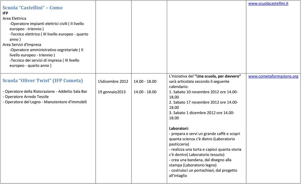 it Scuola Oliver Twist ( Cometa) - Operatore della Ristorazione - Addetto Sala Bar - Operatore Arredo Tessile - Operatore del Legno - Manutentore d'immobili 15dicembre 2012 19 gennaio2013 14.00-18.