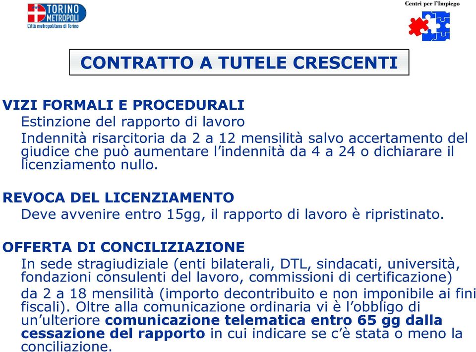 OFFERTA DI CONCILIZIAZIONE In sede stragiudiziale (enti bilaterali, DTL, sindacati, università, fondazioni consulenti del lavoro, commissioni di certificazione) da 2 a 18 mensilità