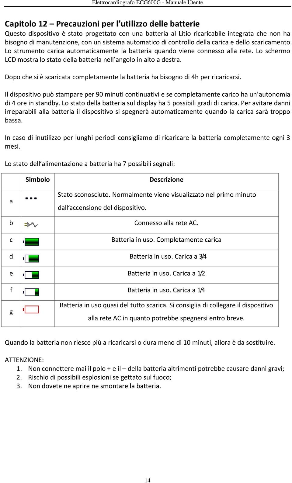 Lo schermo LCD mostra lo stato della batteria nell angolo in alto a destra. Dopo che si è scaricata completamente la batteria ha bisogno di 4h per ricaricarsi.