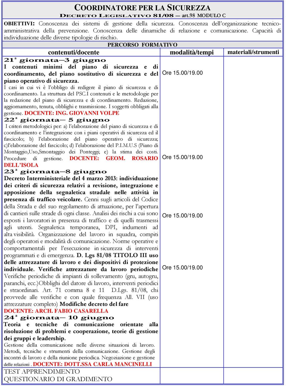 21 a giornata 3 giugno I contenuti minimi del piano di sicurezza e di coordinamento, del piano sostitutivo di sicurezza e del piano operativo di sicurezza.