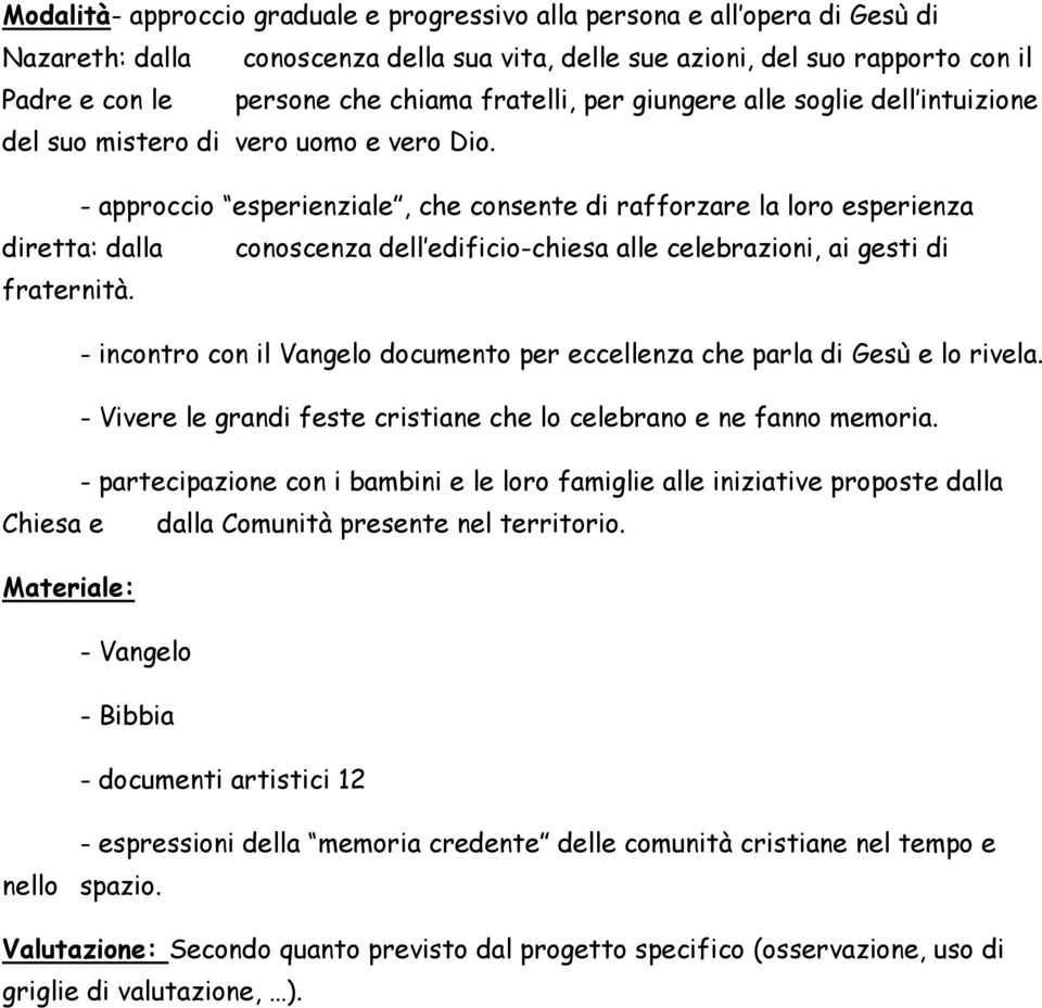 - approccio esperienziale, che consente di rafforzare la loro esperienza diretta: dalla conoscenza dell edificio-chiesa alle celebrazioni, ai gesti di fraternità.