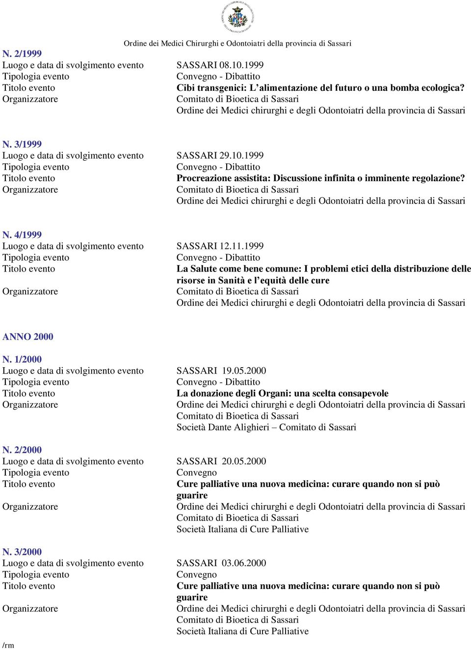 1/2000 Luogo e data di svolgimento evento SASSARI 19.05.2000 La donazione degli Organi: una scelta consapevole Società Dante Alighieri Comitato di Sassari N.