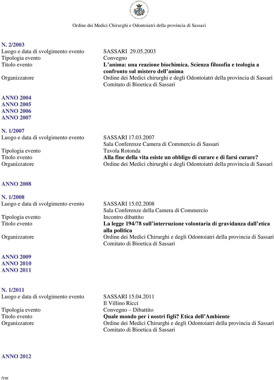 2007 Sala Conferenze Camera di Commercio di Sassari Tavola Rotonda Alla fine della vita esiste un obbligo di curare e di farsi curare? ANNO 2008 N.