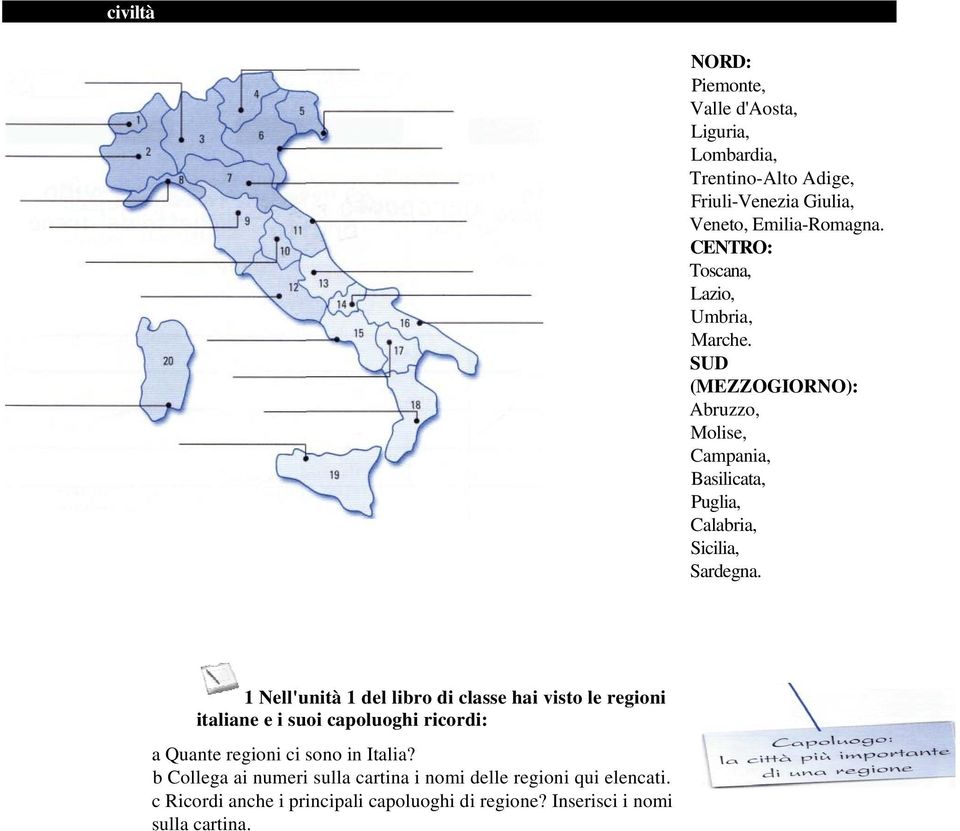 1 Nell'unità 1 del libro di classe hai visto le regioni italiane e i suoi capoluoghi ricordi: a Quante regioni ci sono in Italia?