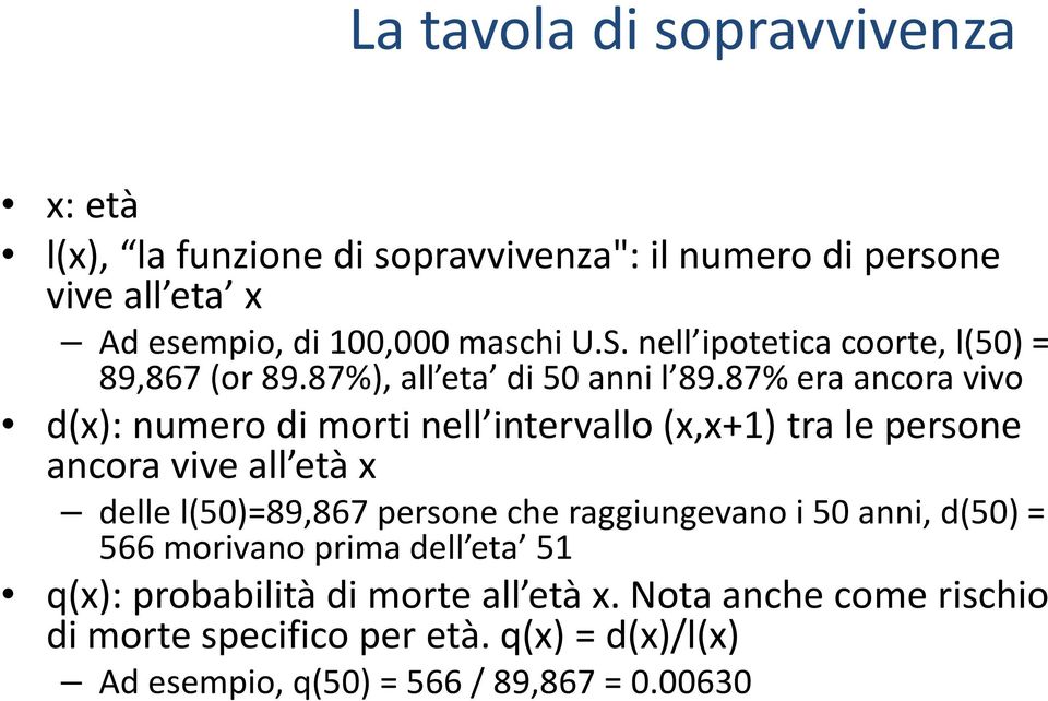 87% era ancora vivo d(x): numero di morti nell intervallo (x,x+1) tra le persone ancora vive all età x delle l(50)=89,867 persone che