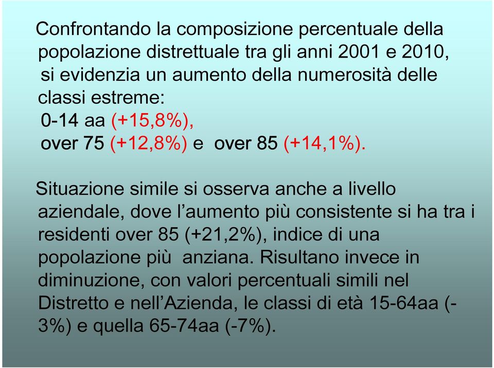 Situazione simile si osserva anche a livello aziendale, dove l aumento più consistente si ha tra i residenti over 85 (+21,2%),