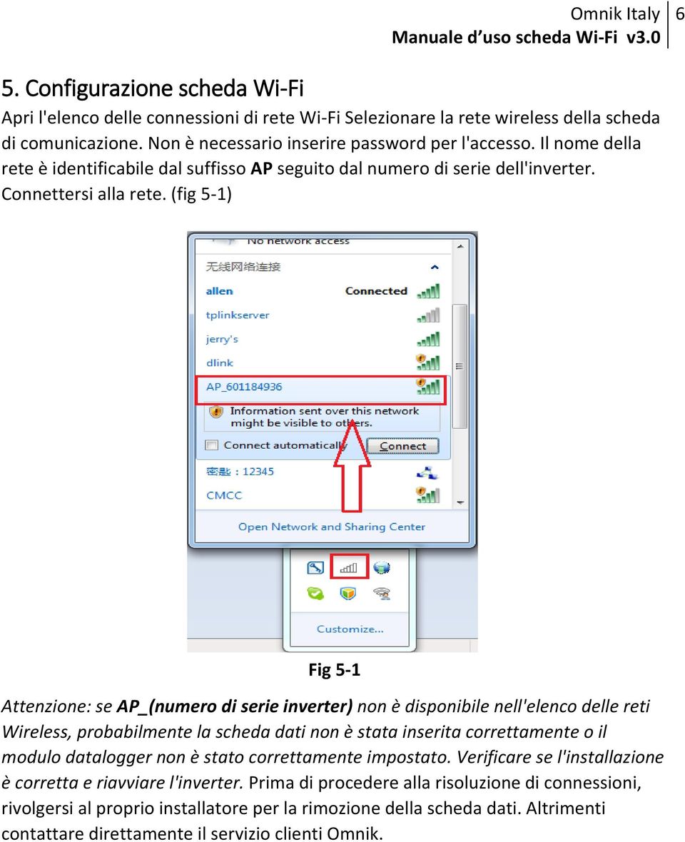 (fig 5-1) Fig 5-1 Attenzione: se AP_(numero di serie inverter) non è disponibile nell'elenco delle reti Wireless, probabilmente la scheda dati non è stata inserita correttamente o il modulo