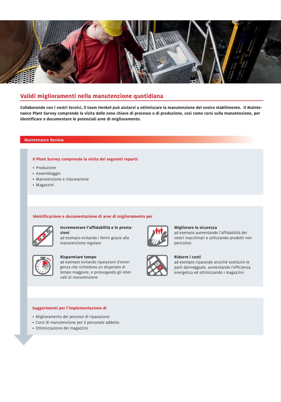 Maintenance Review Il Plant Survey comprende la visita dei seguenti reparti: Produzione Assemblaggio Manutenzione e rilavorazione Magazzini Identificazione e documentazione di aree di miglioramento