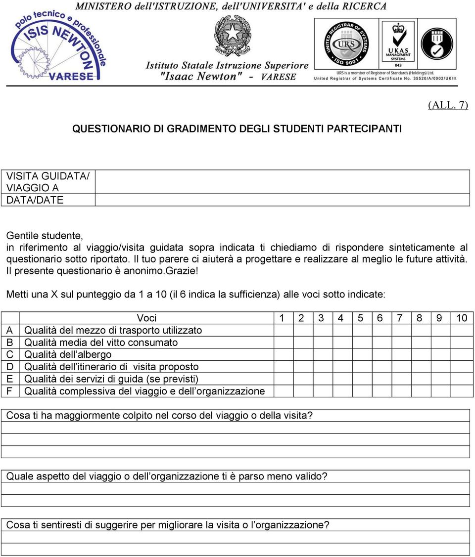 Metti una X sul punteggio da 1 a 10 (il 6 indica la sufficienza) alle voci sotto indicate: A B C D E F Voci 1 2 3 4 5 6 7 8 9 10 Qualità del mezzo di trasporto utilizzato Qualità media del vitto