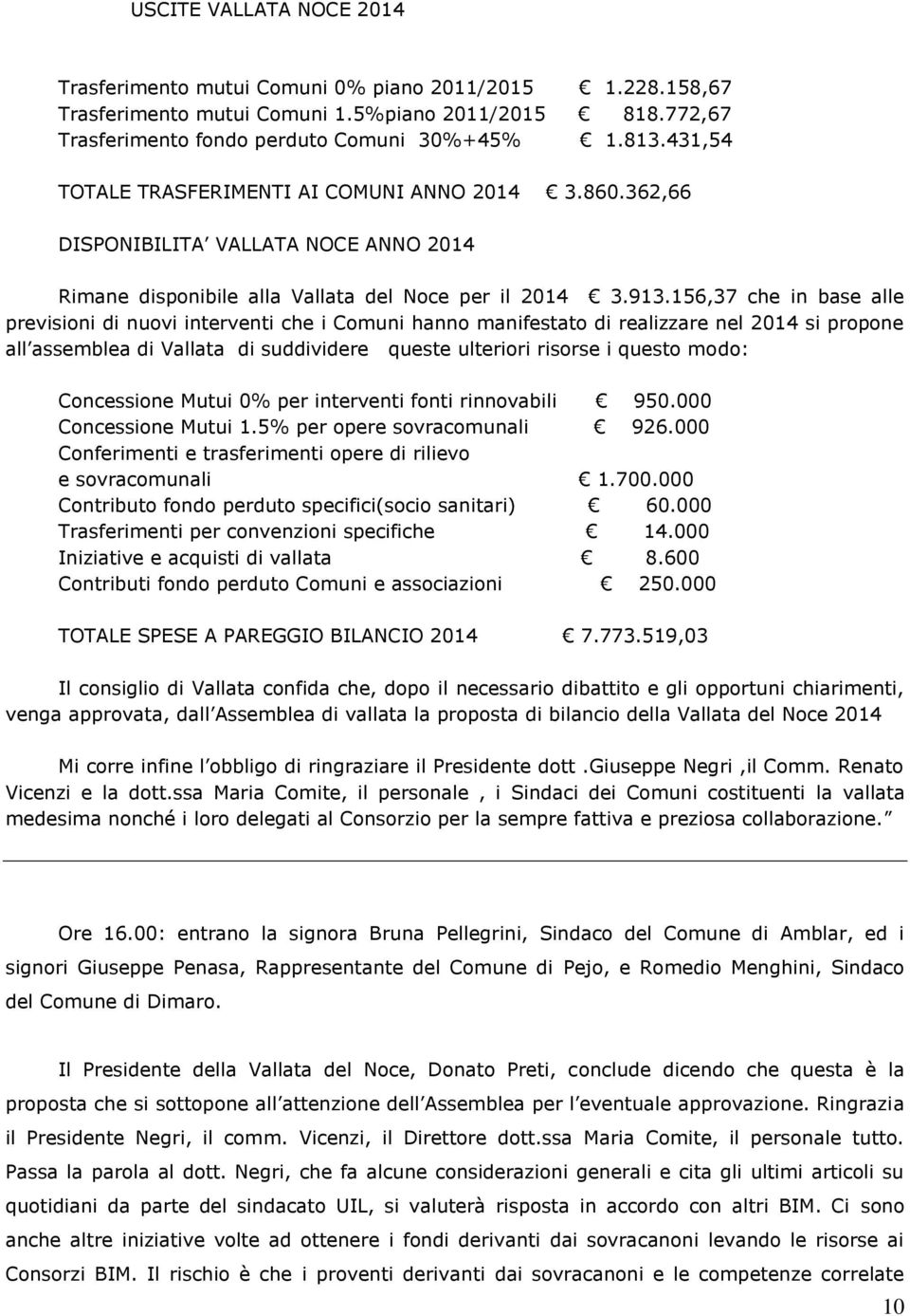 156,37 che in base alle previsioni di nuovi interventi che i Comuni hanno manifestato di realizzare nel 2014 si propone all assemblea di Vallata di suddividere queste ulteriori risorse i questo modo: