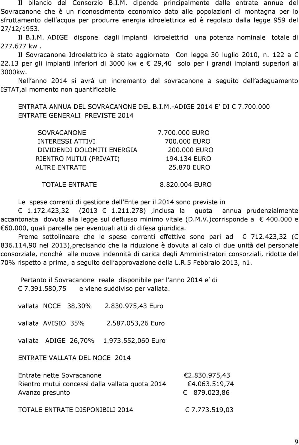 regolato dalla legge 959 del 27/12/1953. Il B.I.M. ADIGE dispone dagli impianti idroelettrici una potenza nominale totale di 277.677 kw.